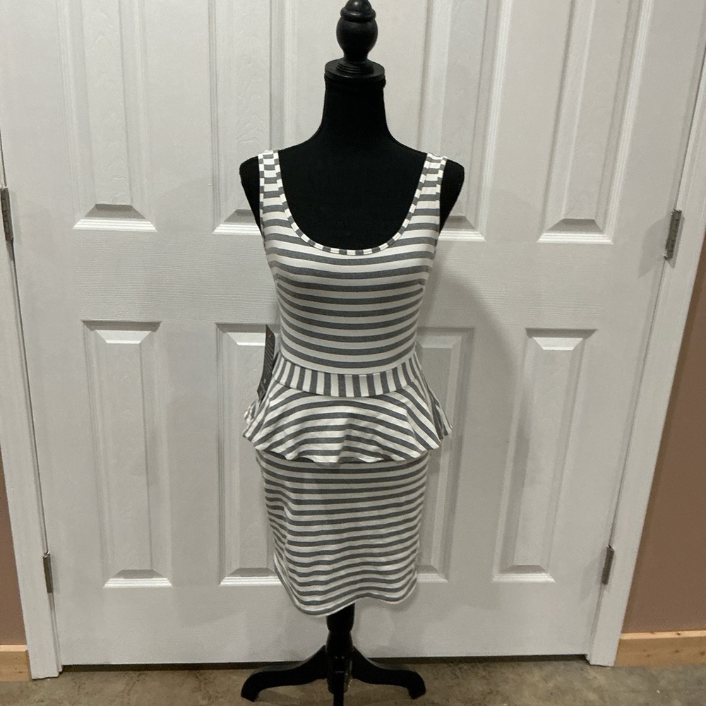 Bebe Striped Gray and White Peplum Dress